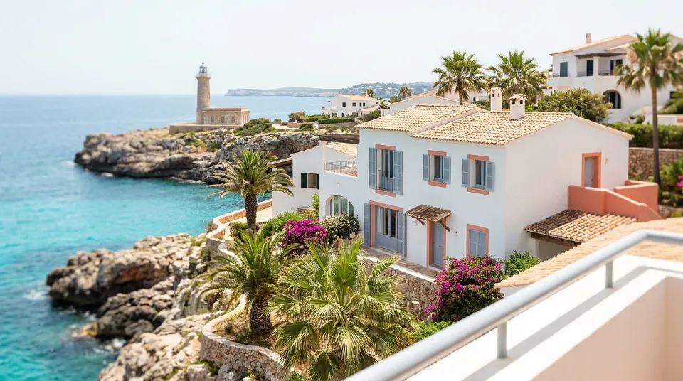 Casa blanca con contraventanas sobre la costa rocosa, con un faro al fondo