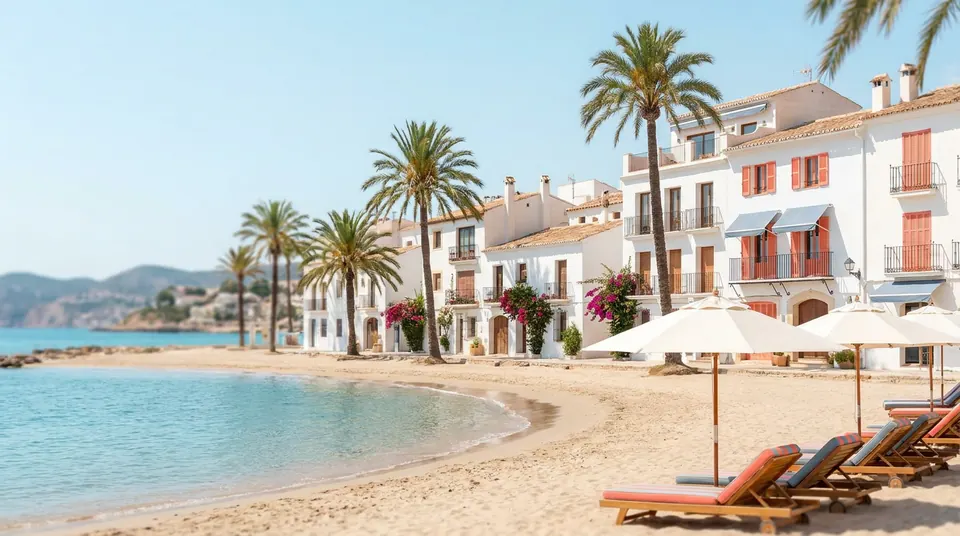 Casas blancas con persianas y balcones frente a una playa de arena con sombrillas