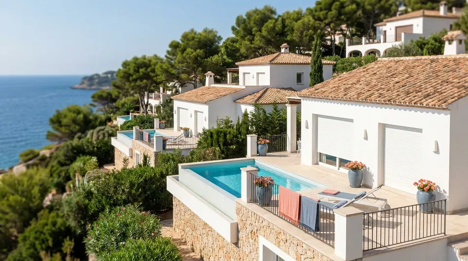 Chalés blancos con persianas enrollables y piscina entre pinos, con el mar al fondo