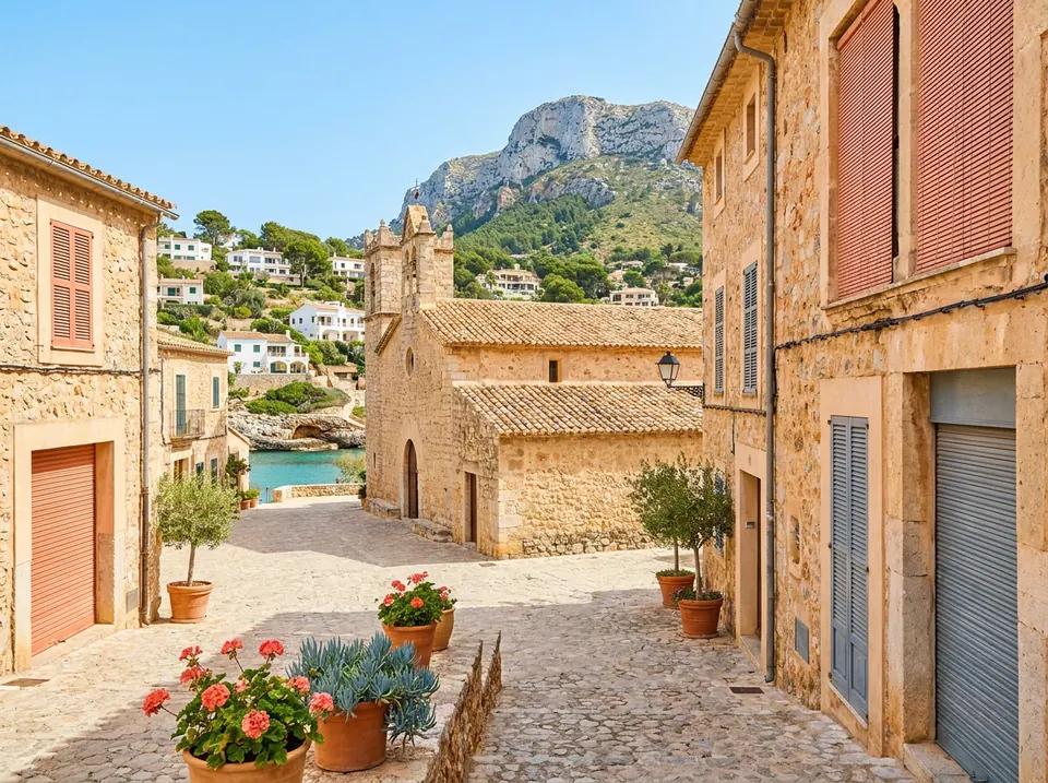 Calle empedrada de casas de piedra con persianas de colores y macetas, con la montaña al fondo